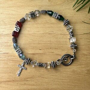VTG Charm Bracelet Size 7 Block Letter Cross Glass Beads Colorful Sterling 18.7g